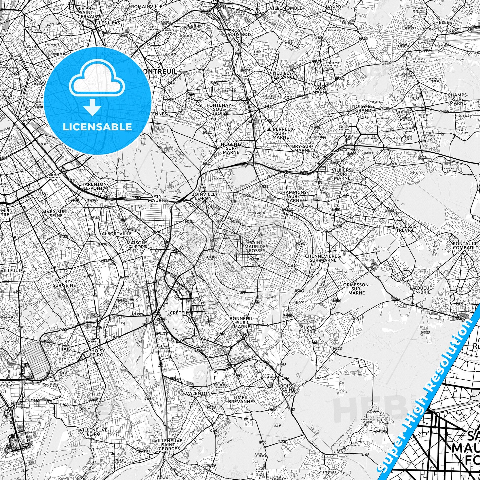 Saint-Maur-des-Fossés, France light map with streetnames, citynames and districts