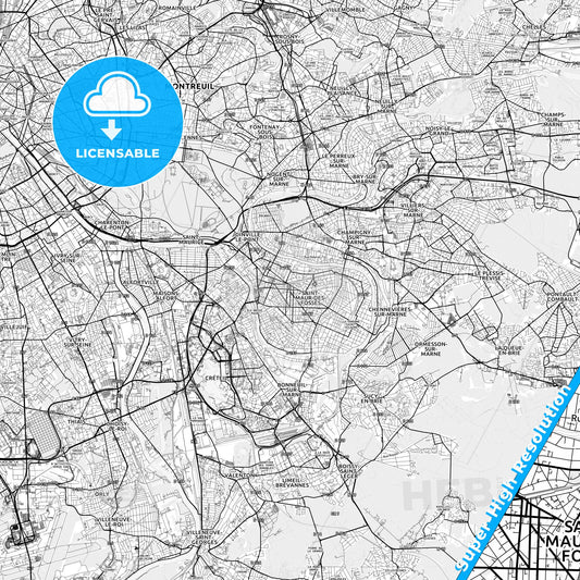 Saint-Maur-des-Fossés, France light map with streetnames, citynames and districts