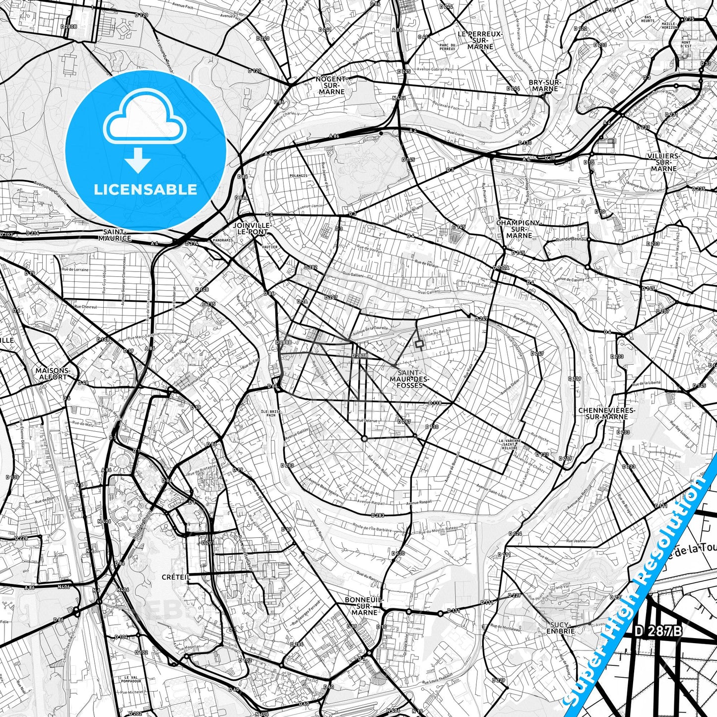 Saint-Maur-des-Fossés, France Light Map with Street Names, City Names, and Districts