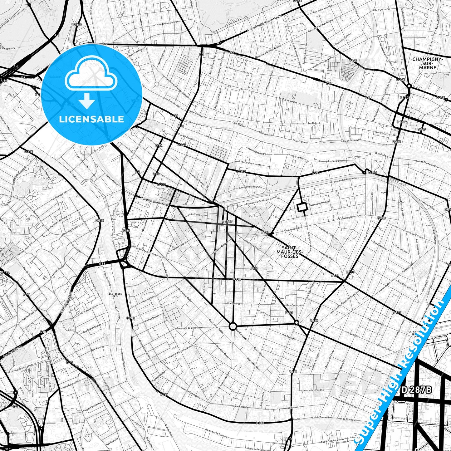 Saint-Maur-des-Fossés, France Light Map with Street Names, City Names, and Districts