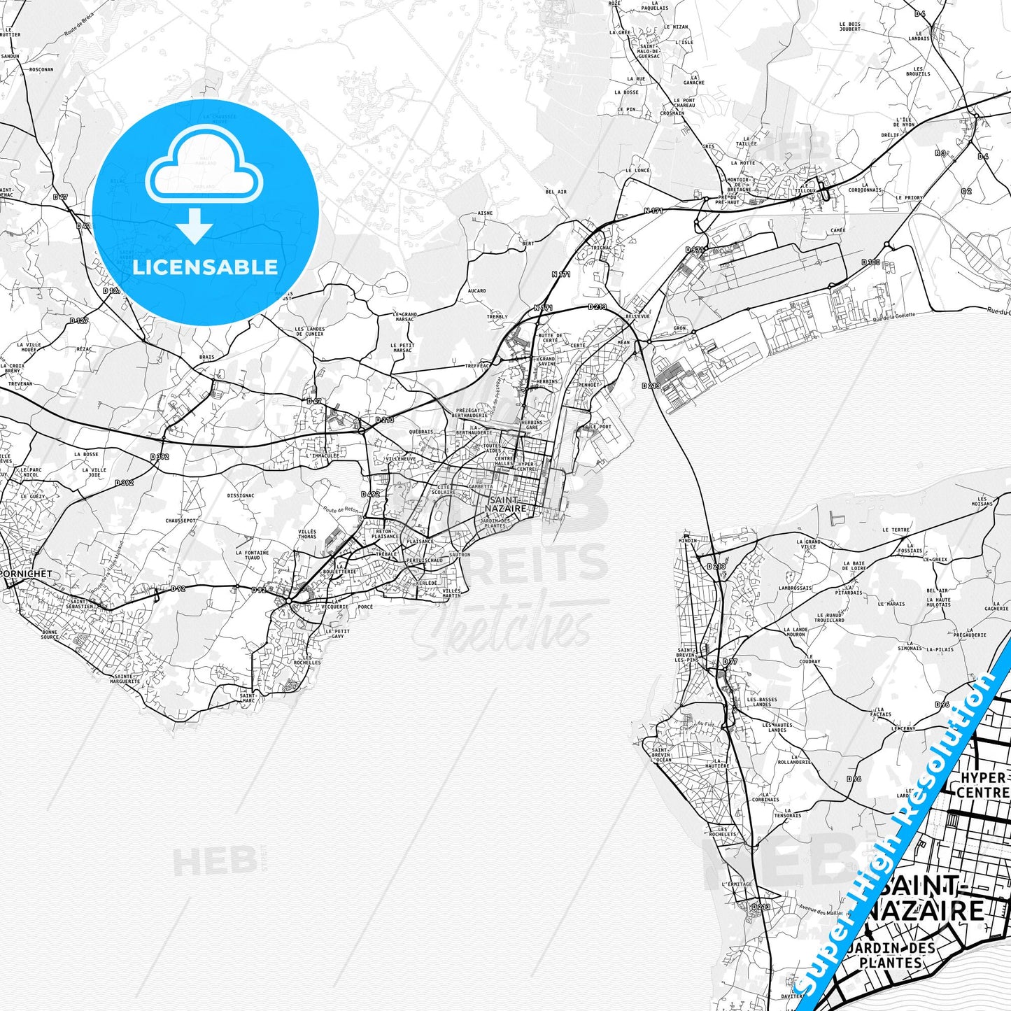 Saint-Nazaire, France light map with streetnames, citynames and districts