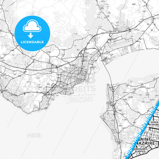 Saint-Nazaire, France light map with streetnames, citynames and districts
