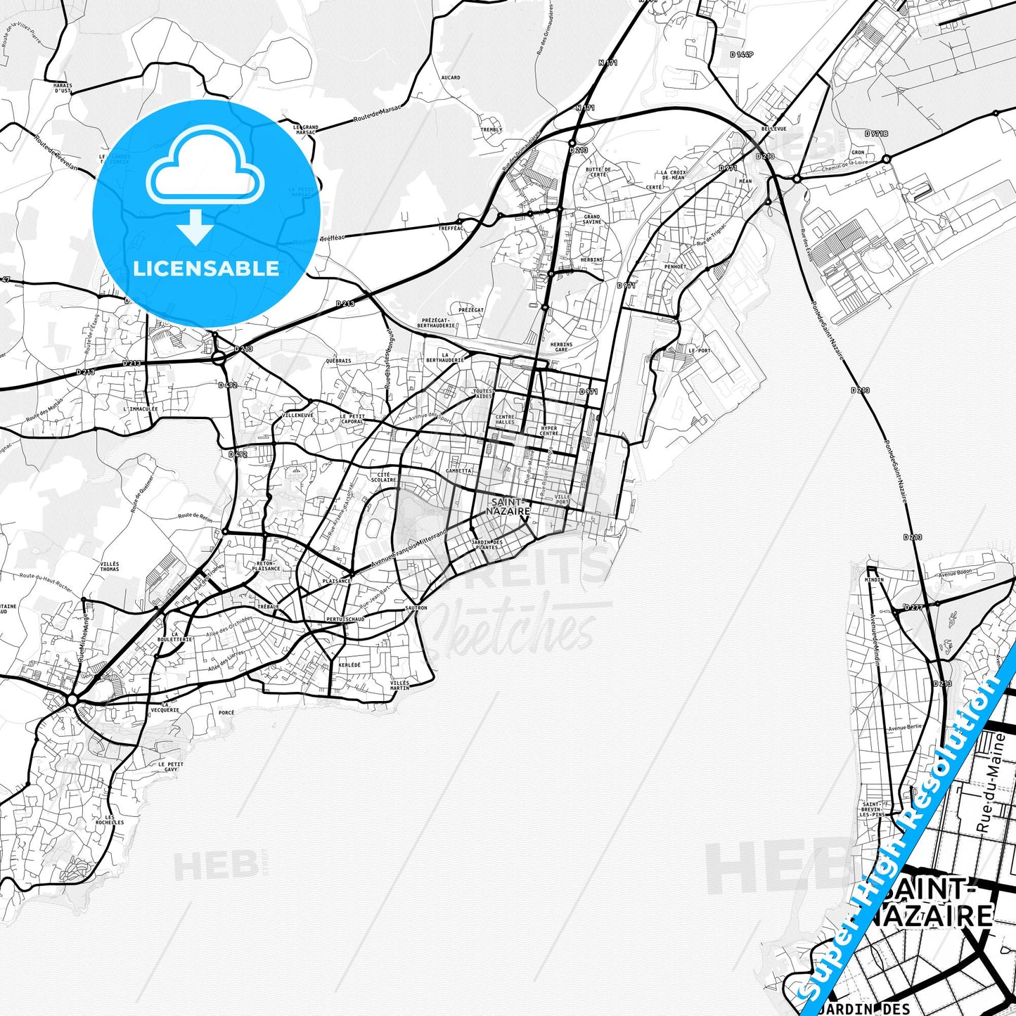 Saint-Nazaire, France Light Map with Street Names, City Names, and Districts