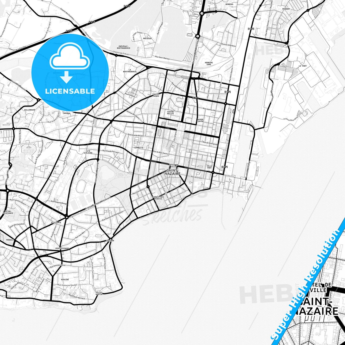 Saint-Nazaire, France Light Map with Street Names, City Names, and Districts