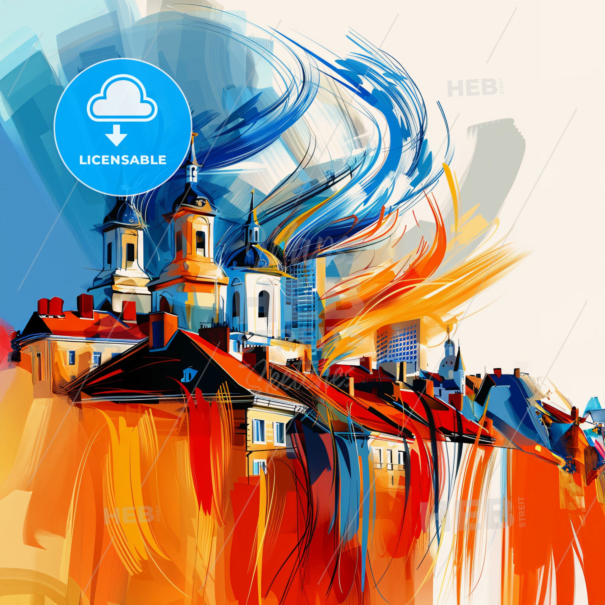 Vibrant Saint-Nazaire, France - A Painting Of A Building With Towers And Buildings In The Background