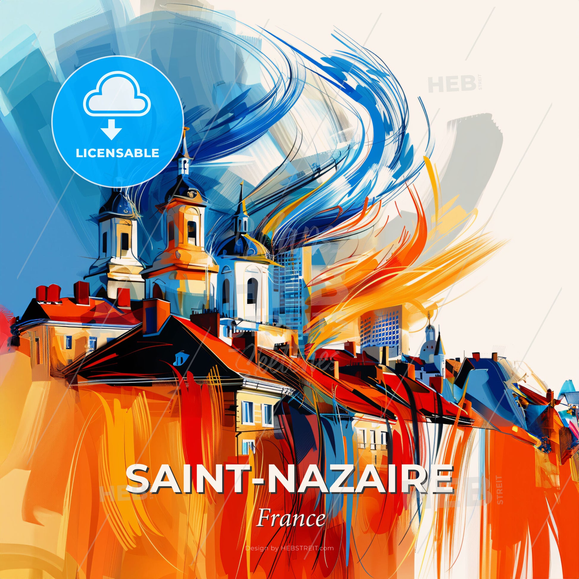 Vibrant Saint-Nazaire, France - A Painting Of A Building With Towers And Buildings In The Background - Square format print template