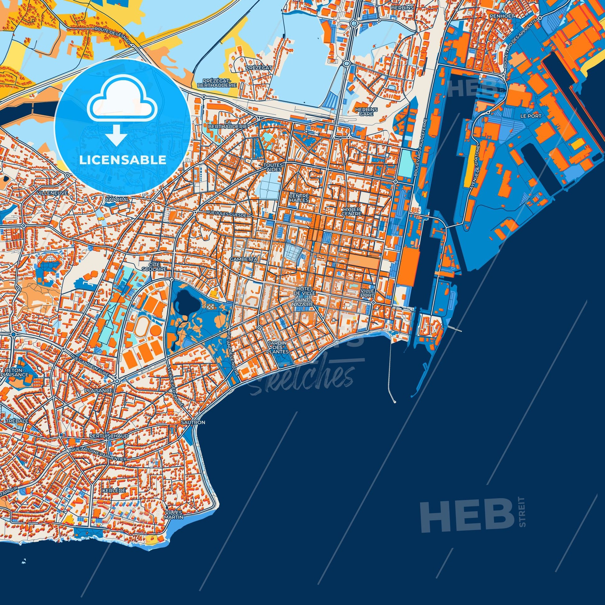 Colorful Saint-Nazaire Street Map with Labels and Buildings