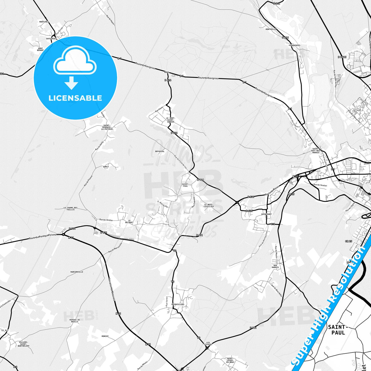 Saint-Paul, France Light Map with Street Names, City Names, and Districts