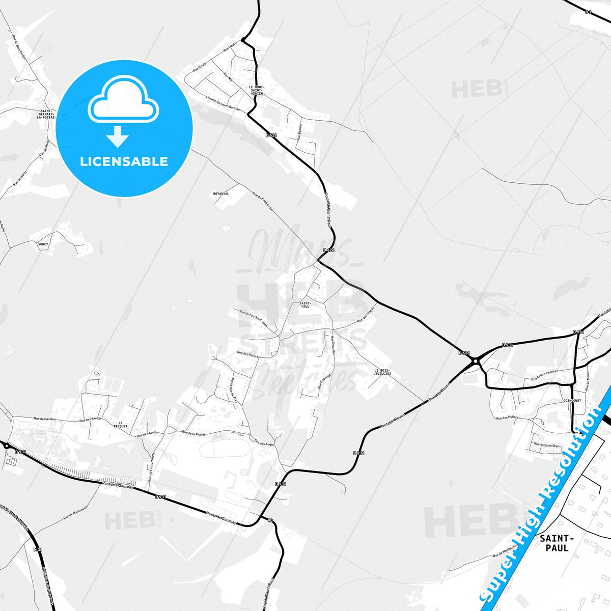Saint-Paul, France Light Map with Street Names, City Names, and Districts