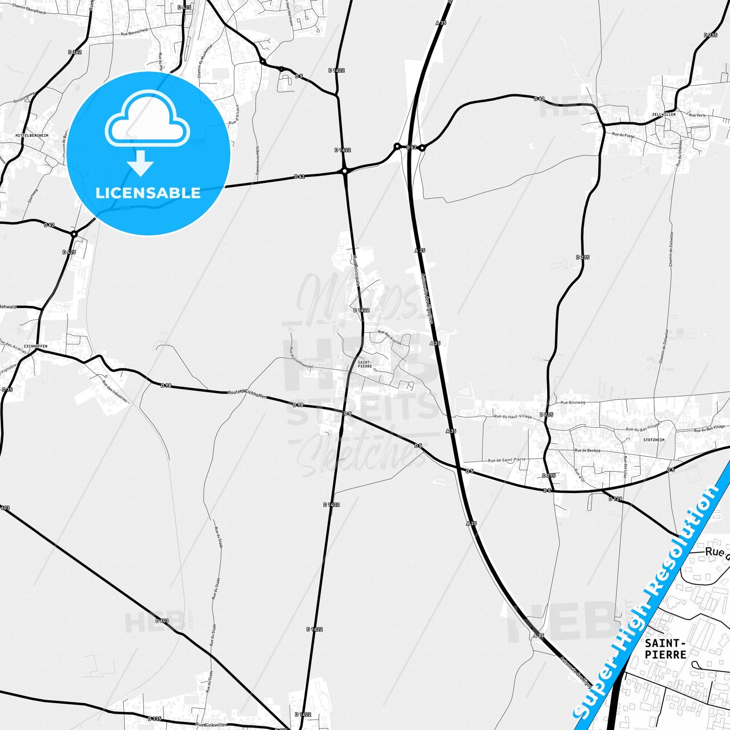 Saint-Pierre, France Light Map with Street Names, City Names, and Districts