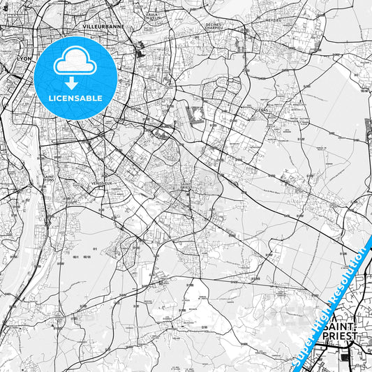 Saint-Priest, France light map with streetnames, citynames and districts