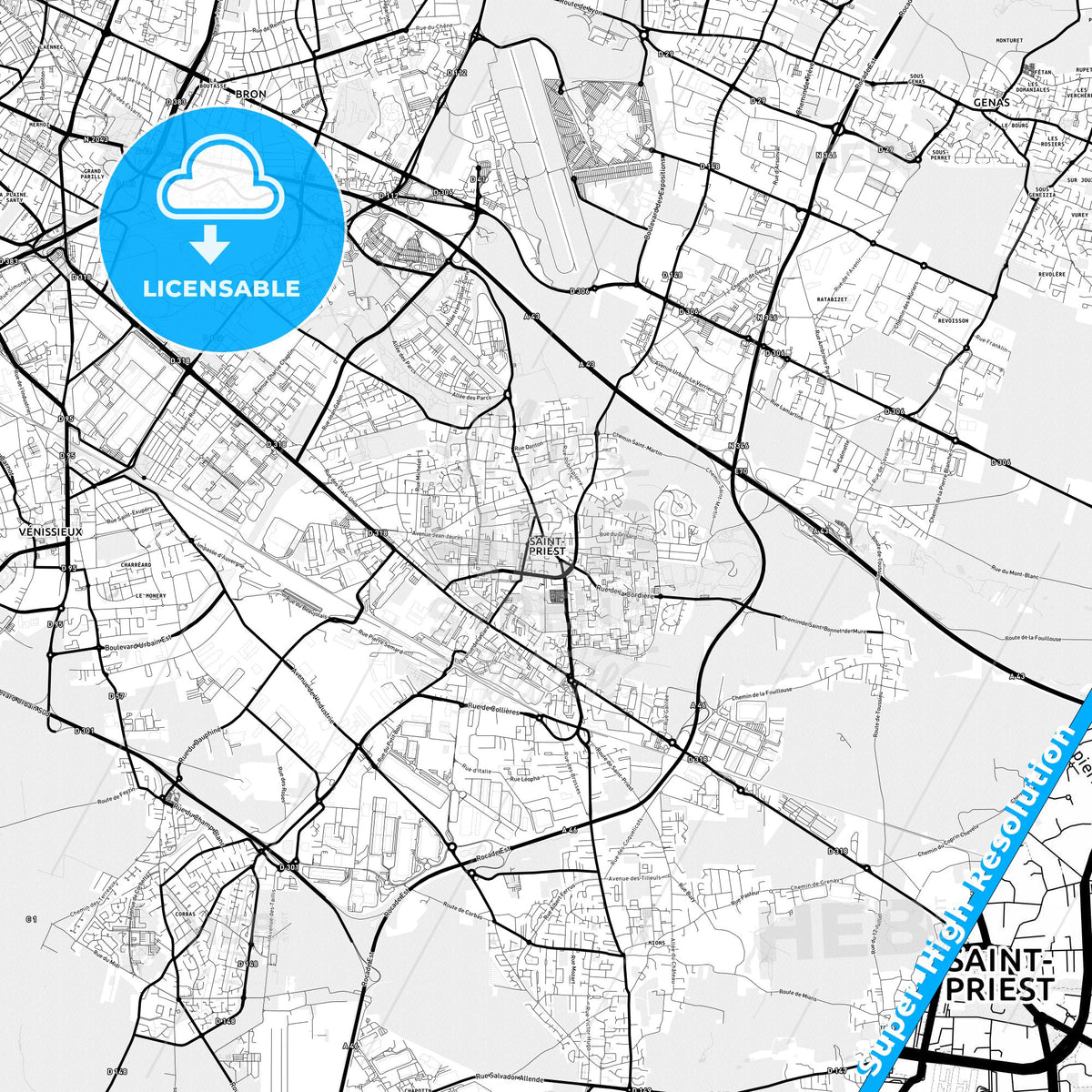 Saint-Priest, France Light Map with Street Names, City Names, and Districts