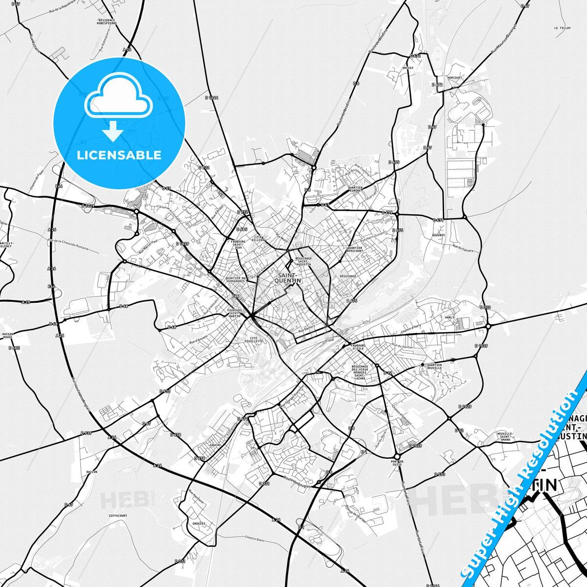 Saint-Quentin, France Light Map with Street Names, City Names, and Districts