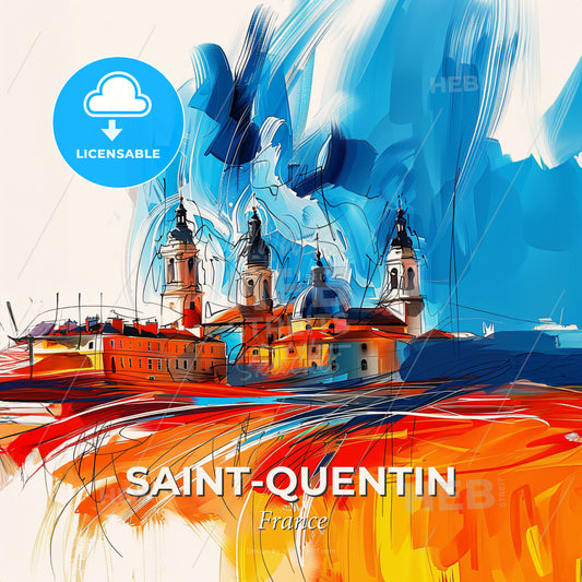 Vibrant Saint-Quentin, France - A Painting Of A Building With Towers - Square format print template