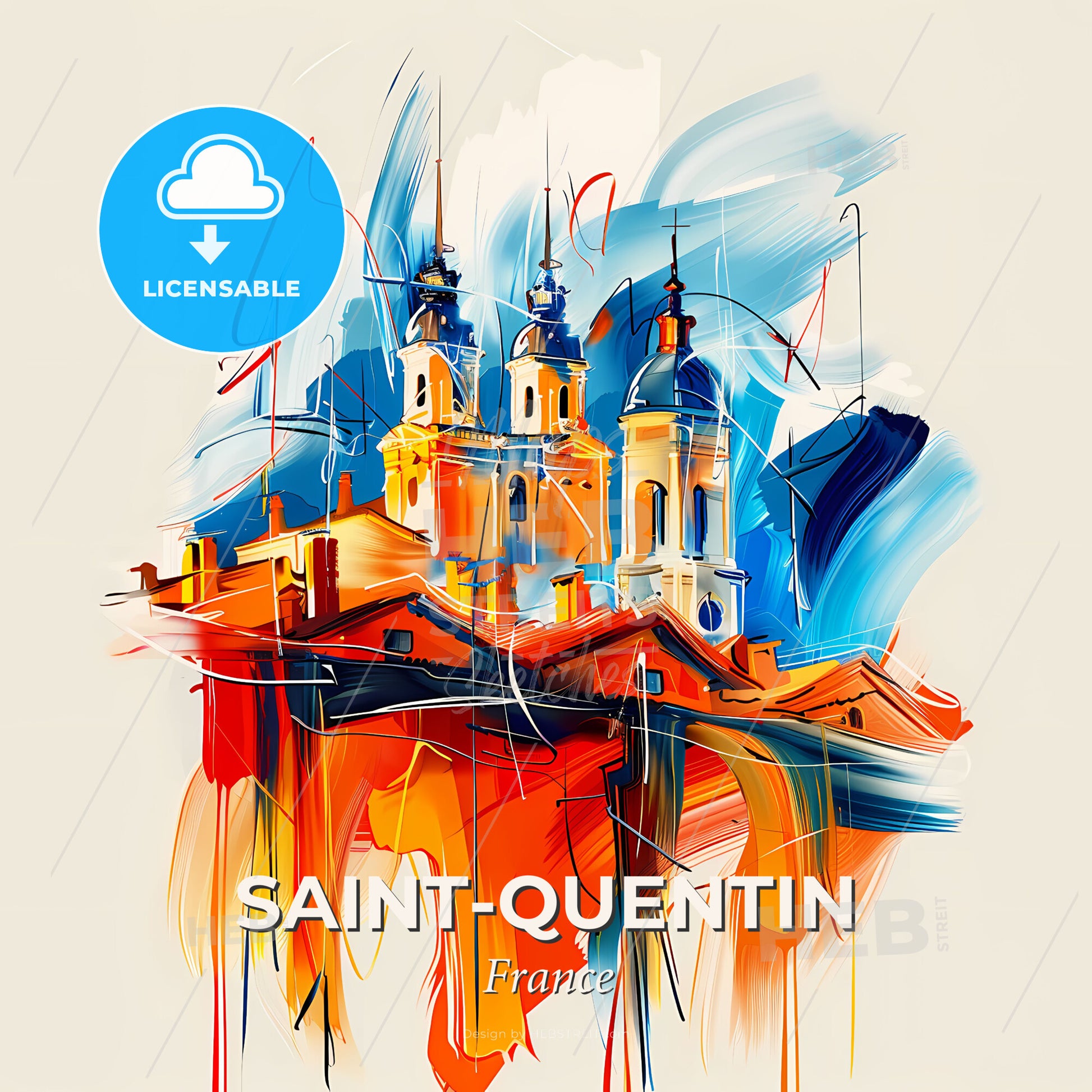 Vibrant Saint-Quentin, France - A Painting Of A Building With Towers - Square format print template