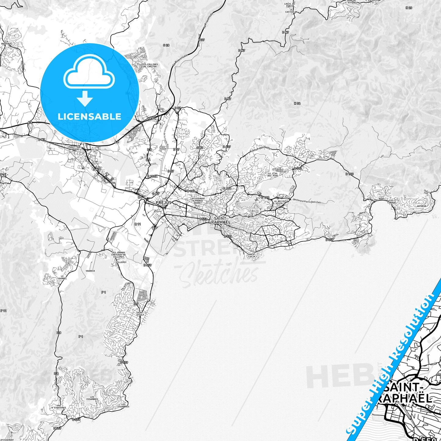 Saint-Raphaël, France light map with streetnames, citynames and districts