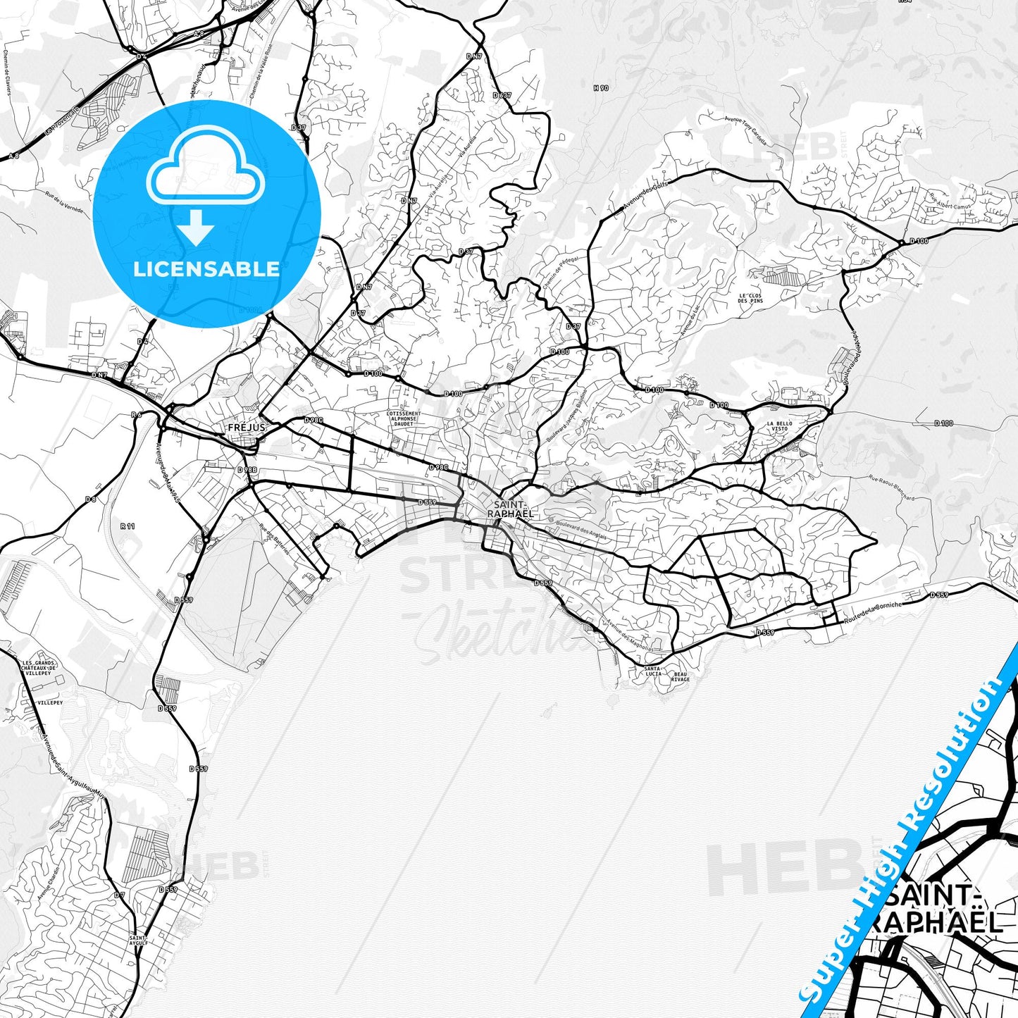 Saint-Raphaël, France Light Map with Street Names, City Names, and Districts