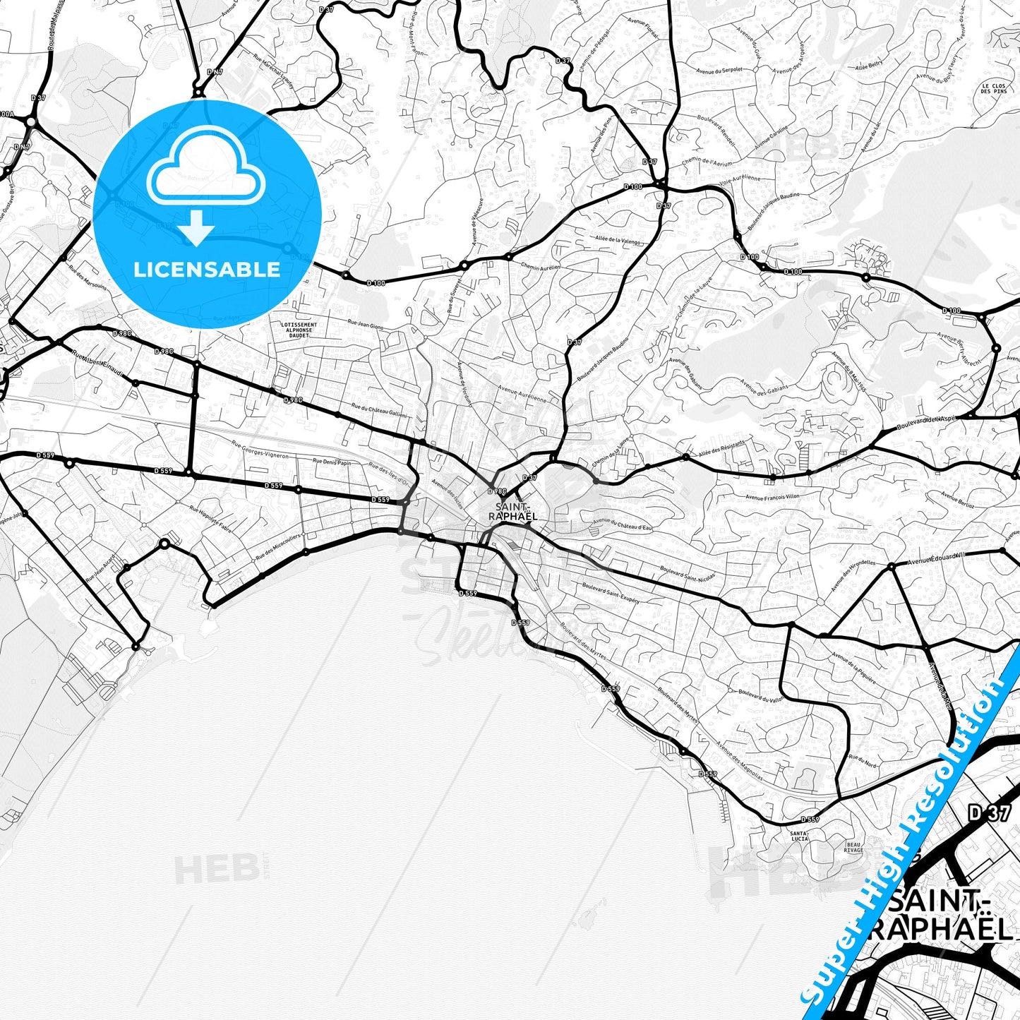 Saint-Raphaël, France Light Map with Street Names, City Names, and Districts