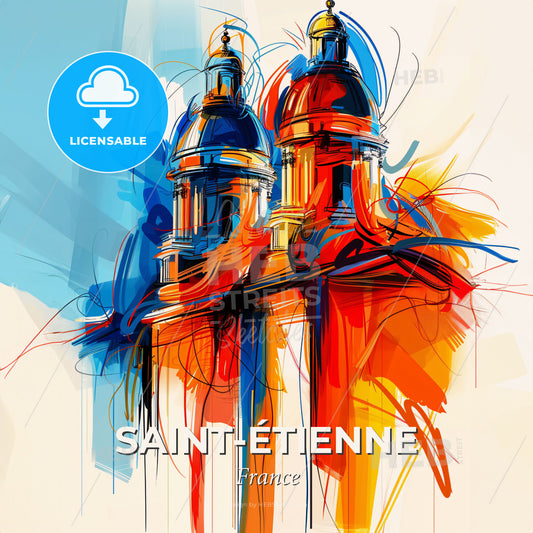 Vibrant Saint-Étienne, France - A Painting Of A Building With A Colorful Background - Square format print template