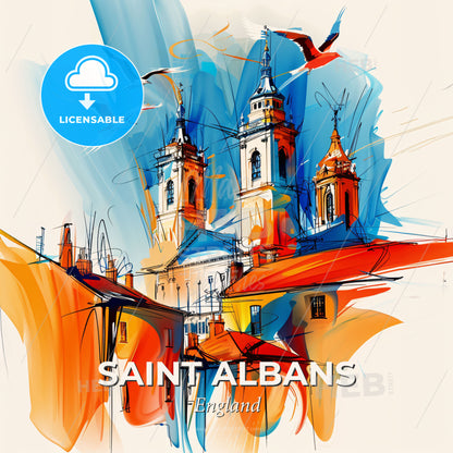 Vibrant Saint Albans, England - A Painting Of A Building With Birds Flying - Square format print template