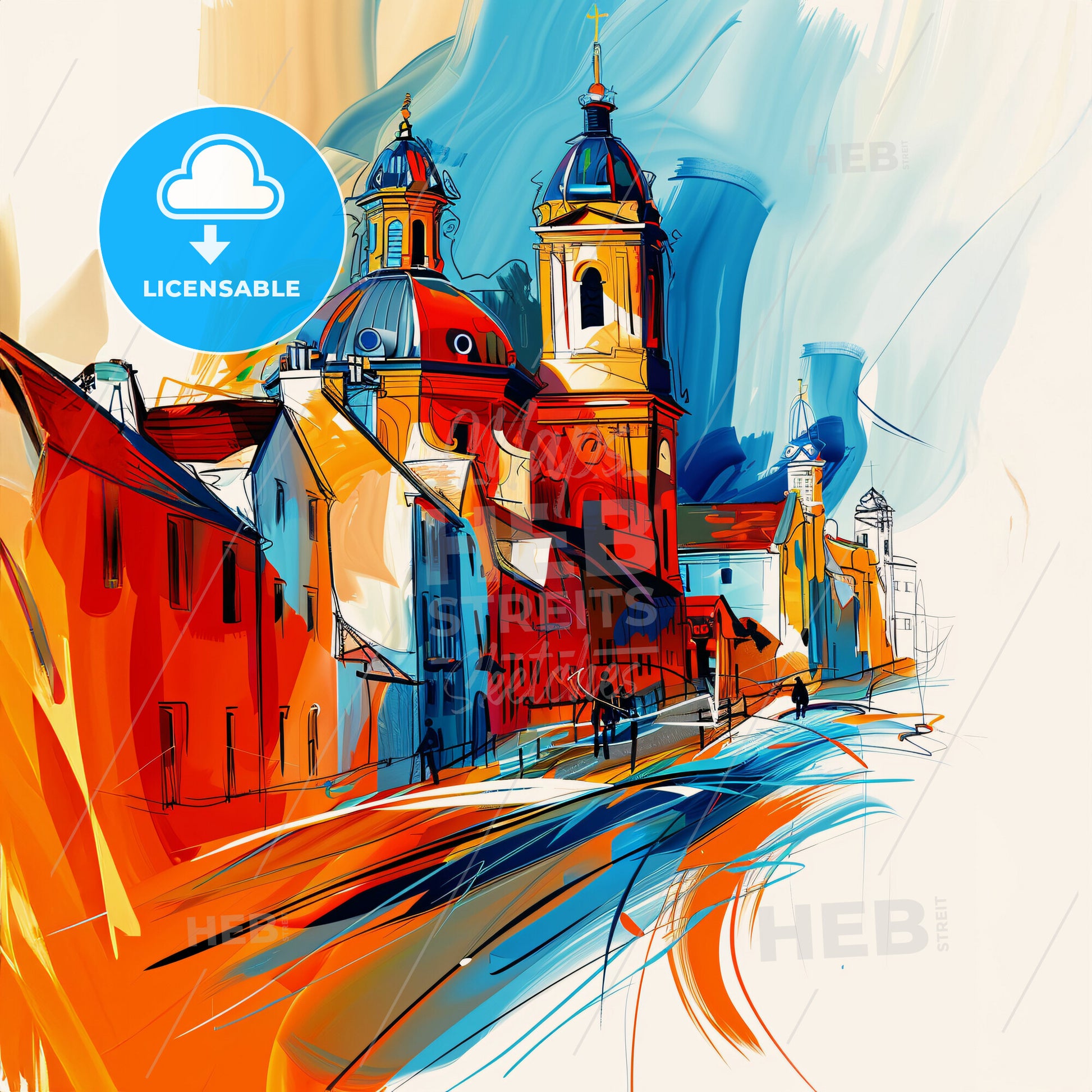 Vibrant Saint Albans, England - A Painting Of A Street With Buildings And A Church