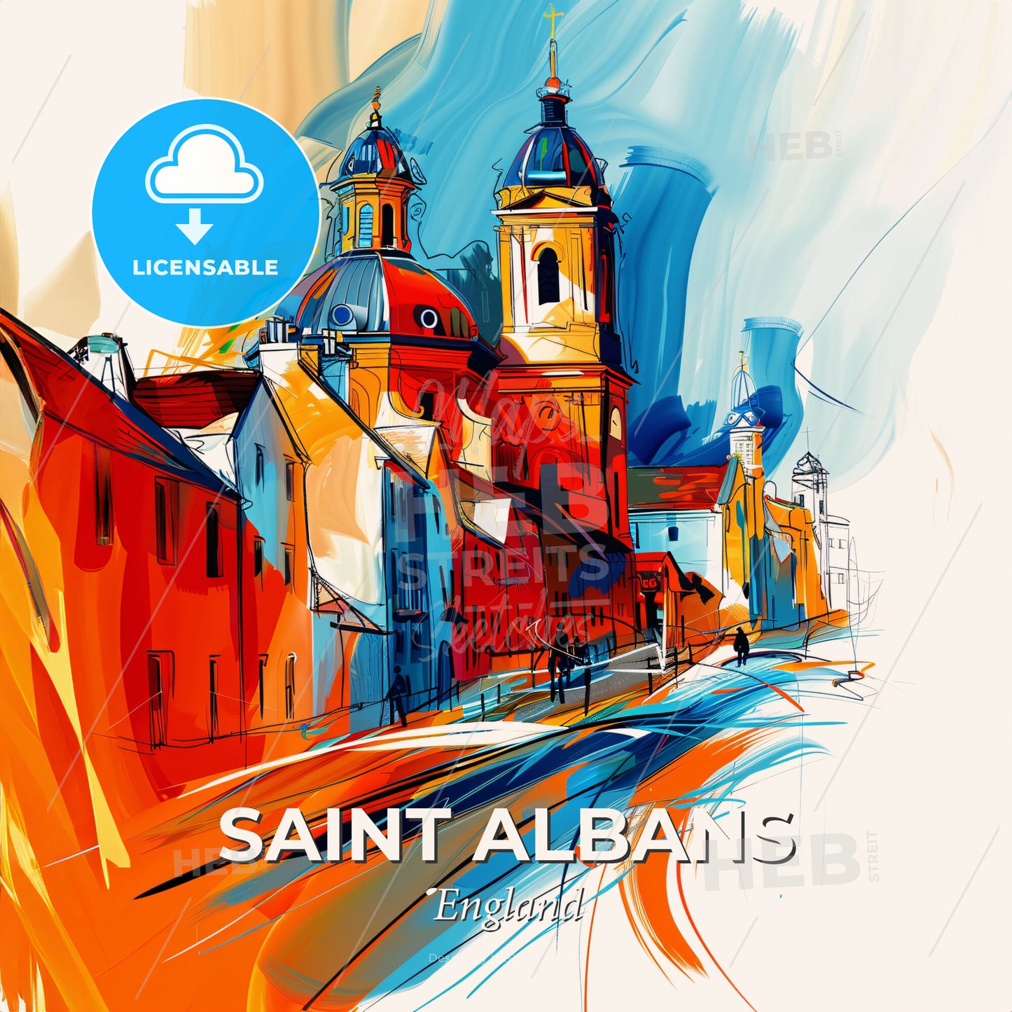 Vibrant Saint Albans, England - A Painting Of A Street With Buildings And A Church - Square format print template