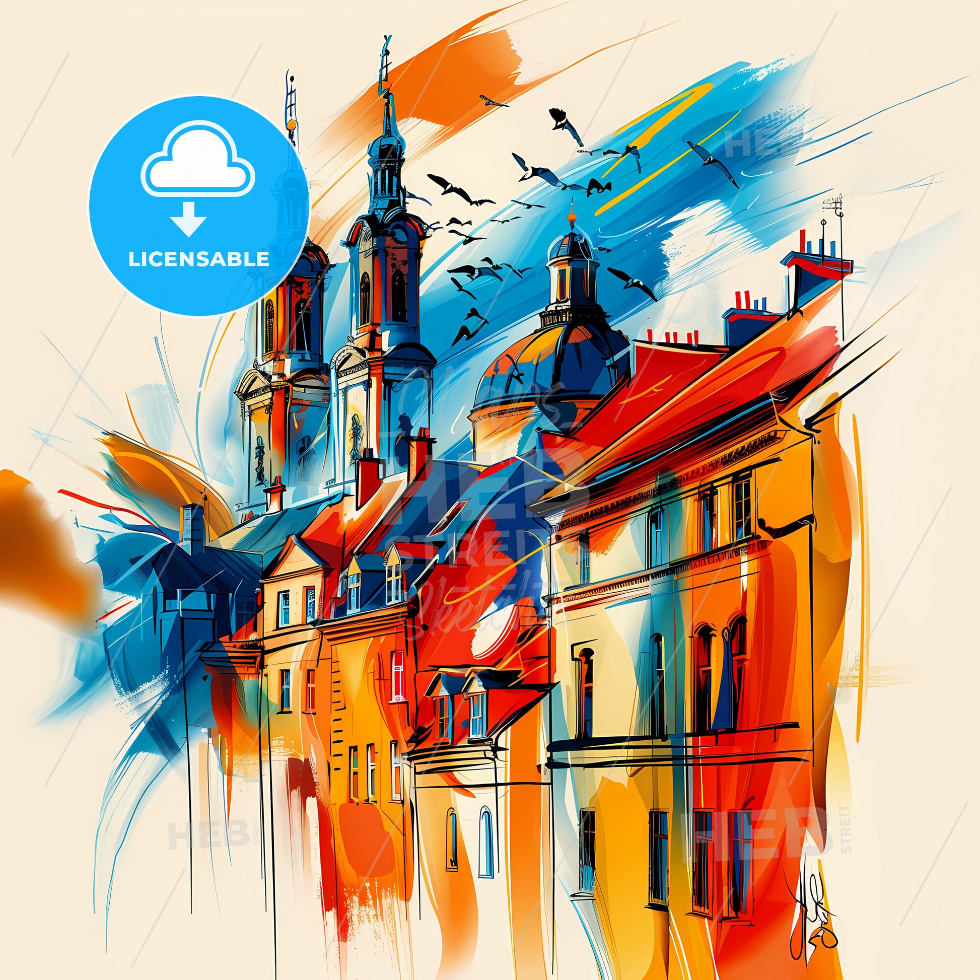 Vibrant Saint Albans, England - A Painting Of A Building With Towers And Birds Flying