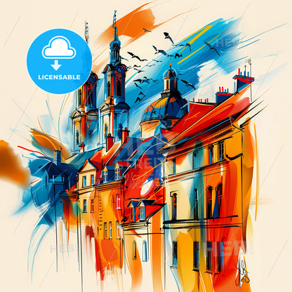 Vibrant Saint Albans, England - A Painting Of A Building With Towers And Birds Flying