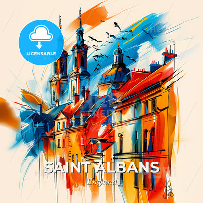 Vibrant Saint Albans, England - A Painting Of A Building With Towers And Birds Flying - Square format print template