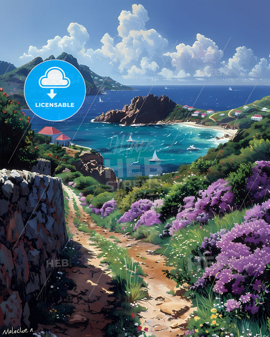 Vibrant Art Painting Depicting a Path to Water with Purple Flowers and Buildings in Saint Barthelemy