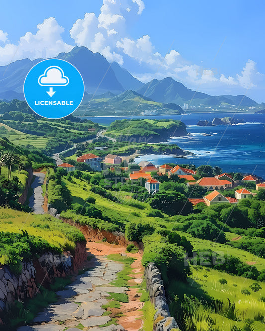 Saint Eustatius North America | Stunning Green Hillside Village Panorama | Vibrant Artistic Landscape | Emerald Island Art