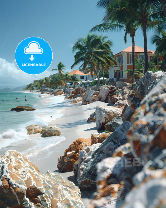 Vibrant Artistic Beach Scene with Homes and Rock Formations in Saint Martin, North America