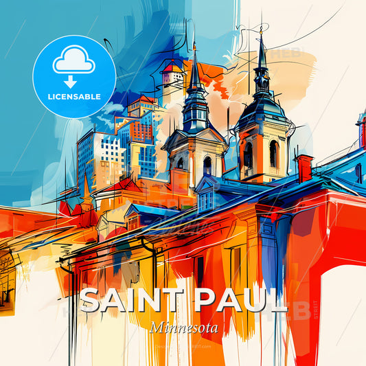 Vibrant Saint Paul, Minnesota - A Colorful Painting Of A Building With Towers And Buildings In The Background - Square format print template