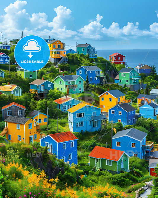 Colorful houses on a hill in Saint Pierre and Miquelon, North America - vibrant painting, art
