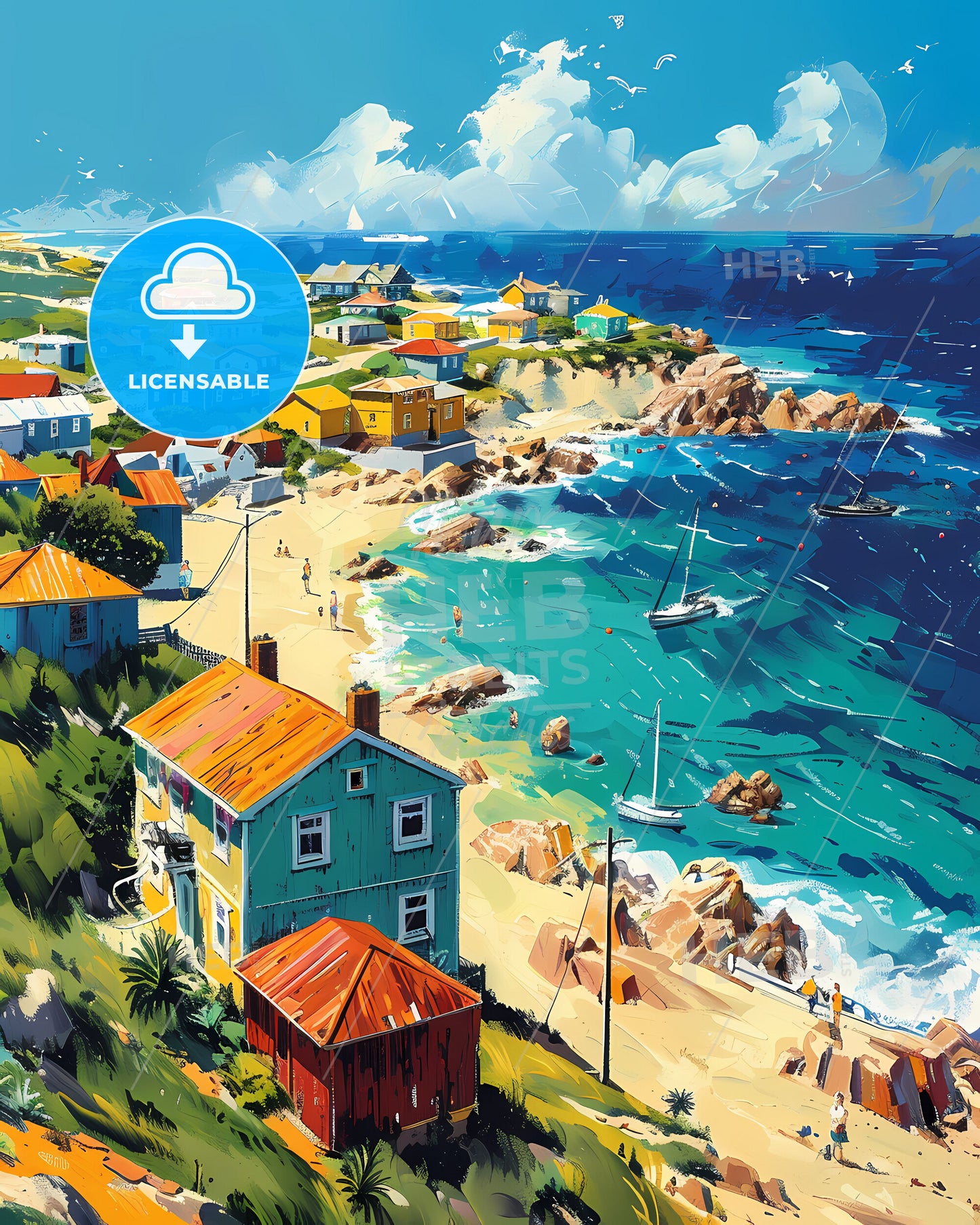 Stunning Art Piece Depicting Saint Pierre and Miquelon Beachfront with Houses and Boats in North America