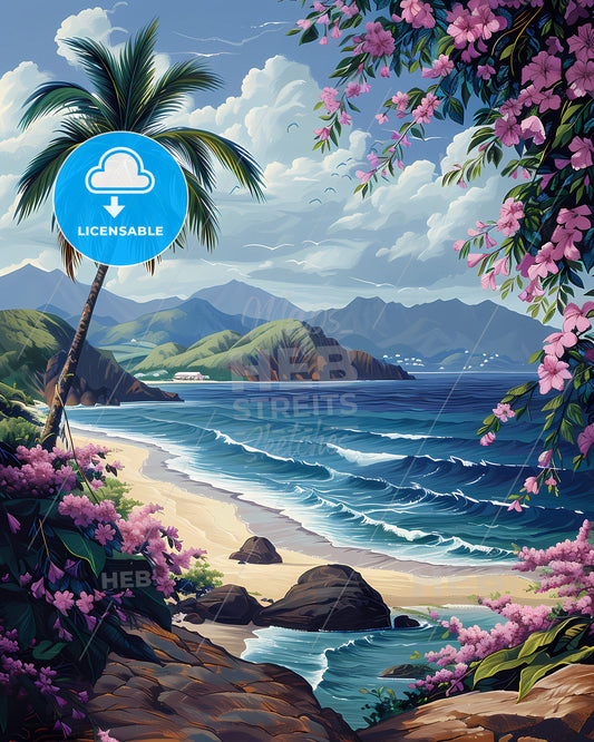 Nature Artwork: Beach Scene with Palm Trees and Flowers in Saint Vincent and the Grenadines, Northern America