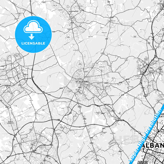 Saint Albans, England light map with streetnames, citynames and districts