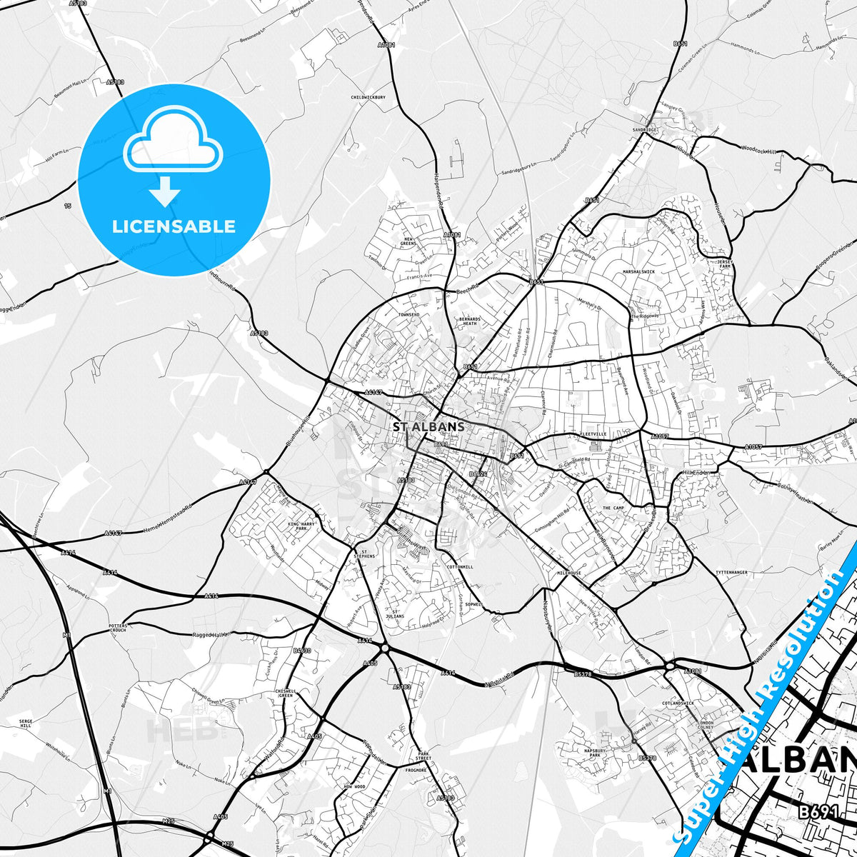 Saint Albans, England Light Map with Street Names, City Names, and Districts