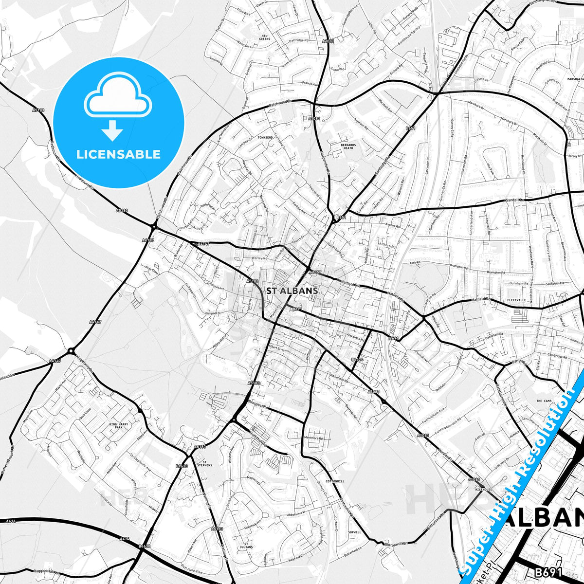 Saint Albans, England Light Map with Street Names, City Names, and Districts