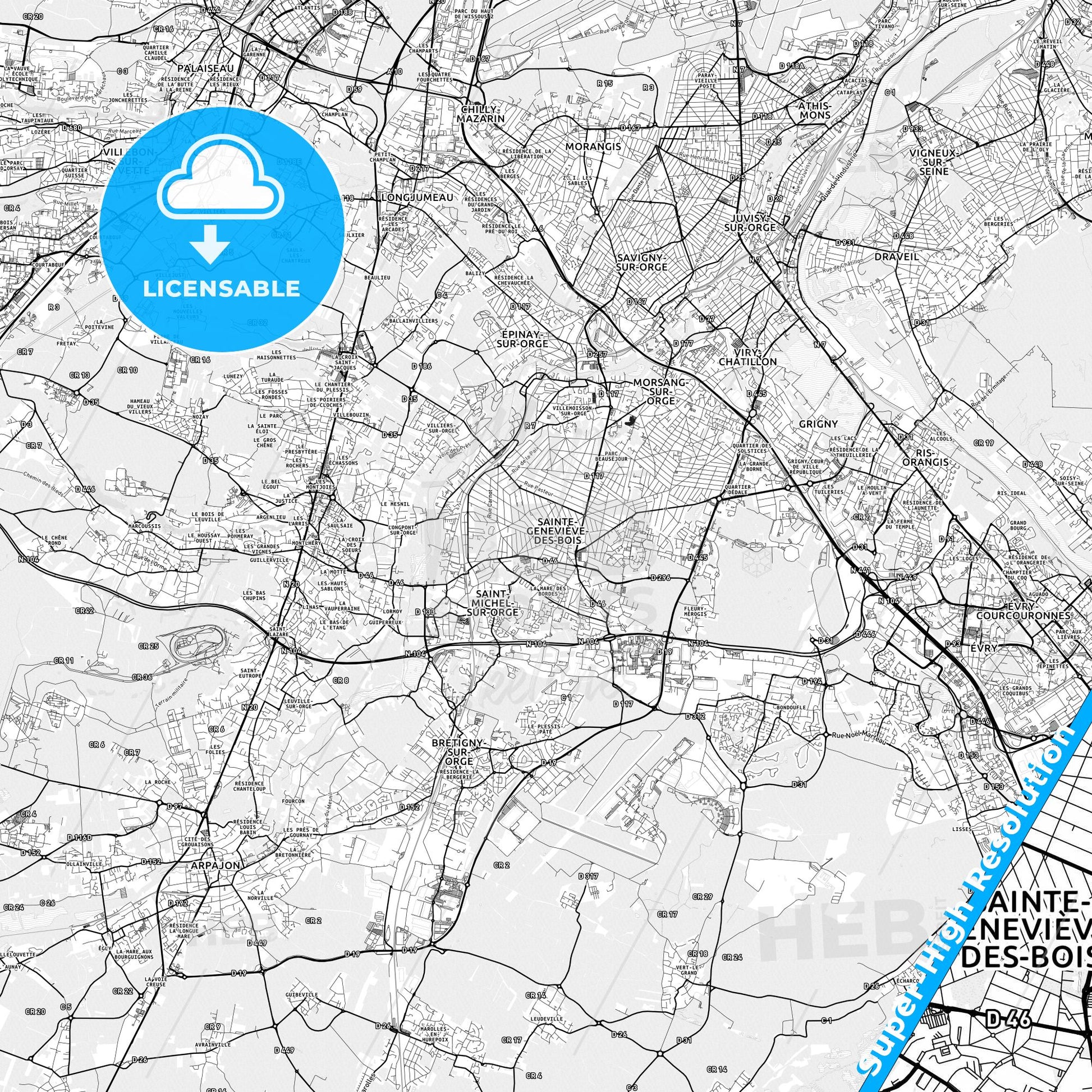 Sainte-Geneviève-des-Bois, France light map with streetnames, citynames and districts