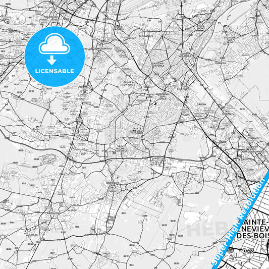 Sainte-Geneviève-des-Bois, France light map with streetnames, citynames and districts