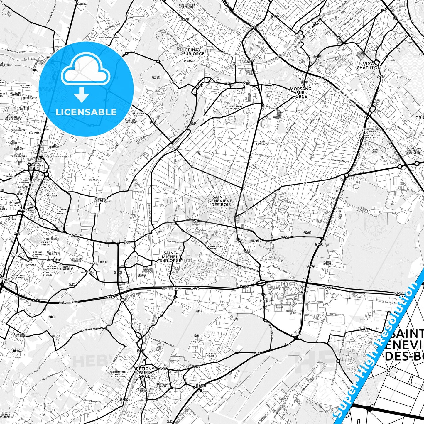 Sainte-Geneviève-des-Bois, France Light Map with Street Names, City Names, and Districts