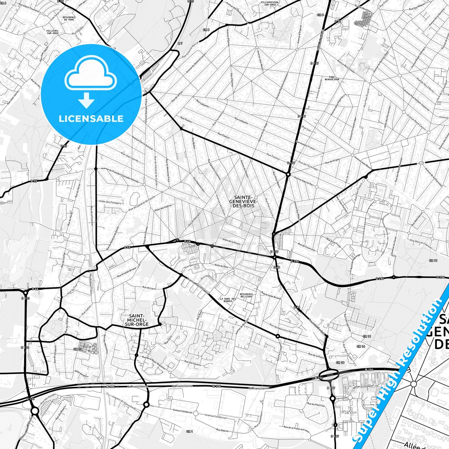 Sainte-Geneviève-des-Bois, France Light Map with Street Names, City Names, and Districts