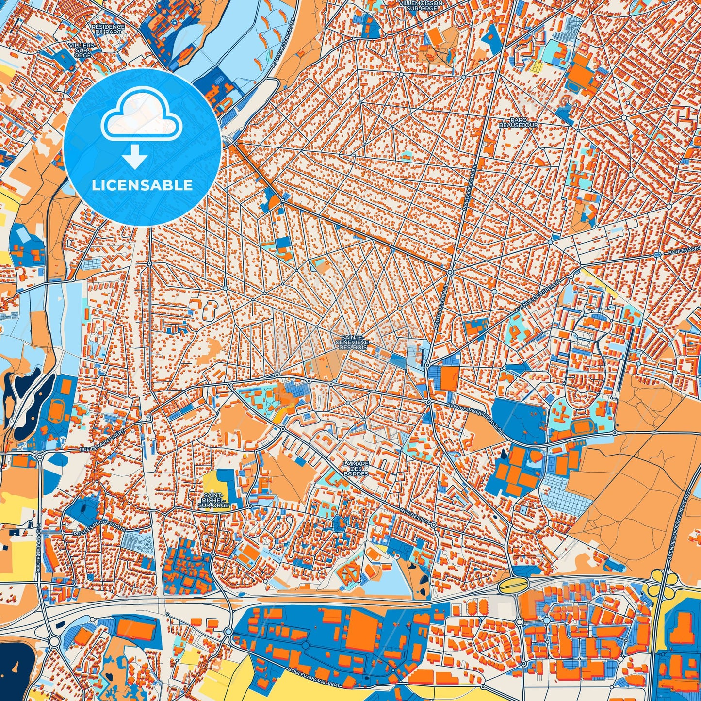 Colorful Sainte-Geneviève-des-Bois Street Map with Labels and Buildings