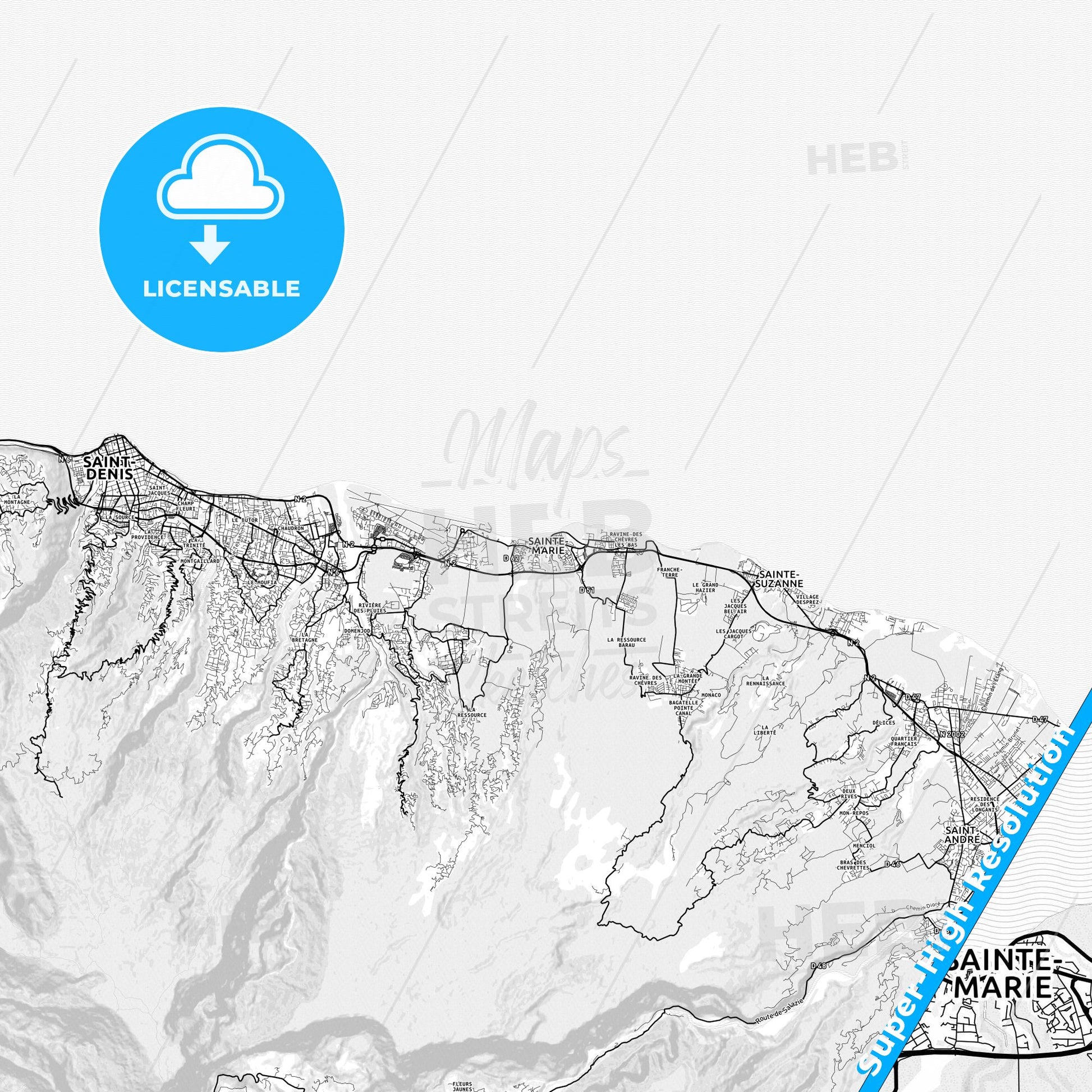 Sainte-Marie, France light map with streetnames, citynames and districts