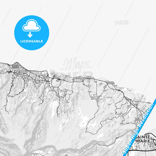 Sainte-Marie, France light map with streetnames, citynames and districts