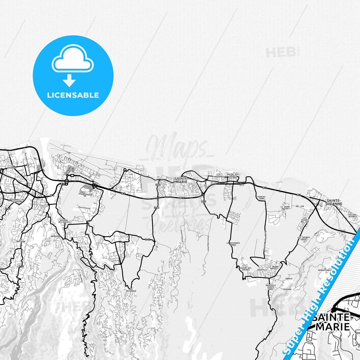 Sainte-Marie, France Light Map with Street Names, City Names, and Districts