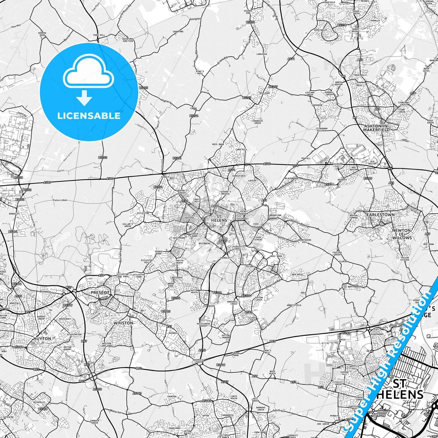 Saint Helens, England light map with streetnames, citynames and districts
