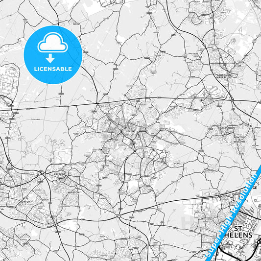 Saint Helens, England light map with streetnames, citynames and districts