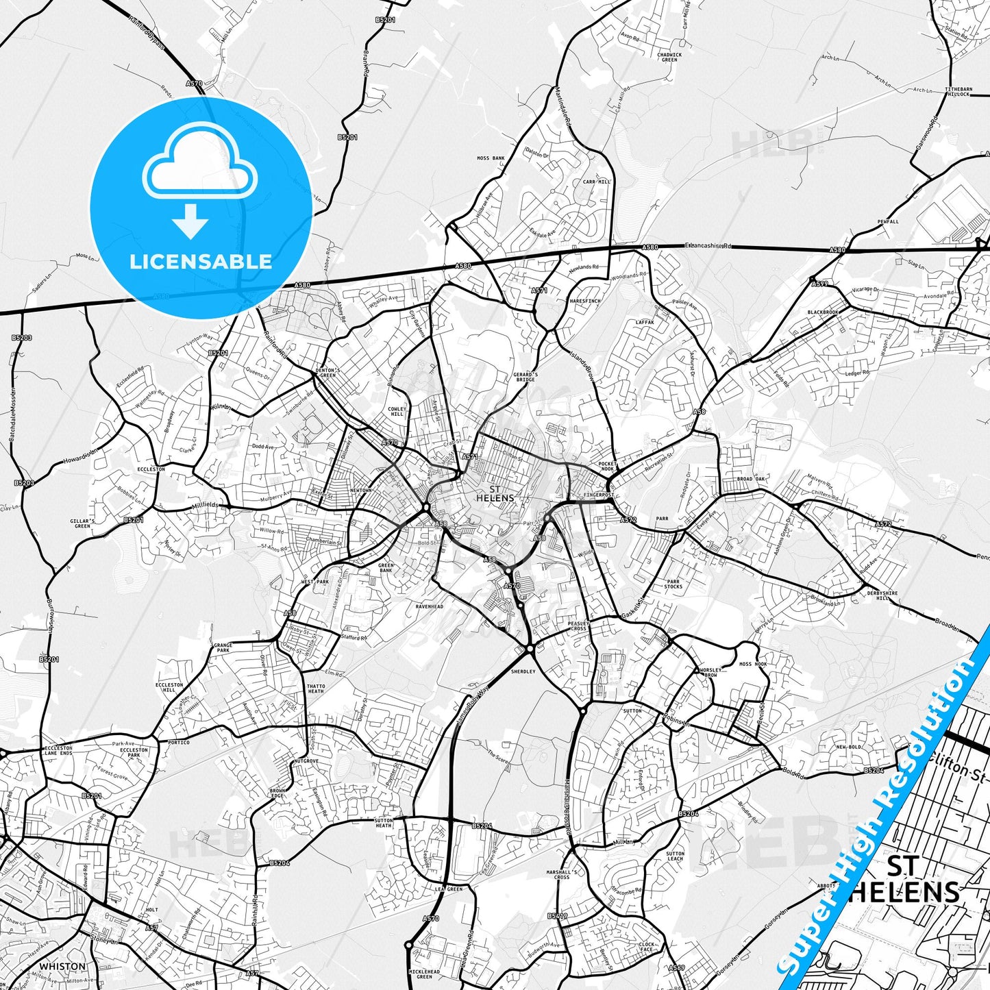 Saint Helens, England Light Map with Street Names, City Names, and Districts